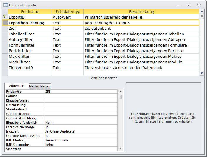 Entwurf der Tabelle zum Speichern der Konfigurationen