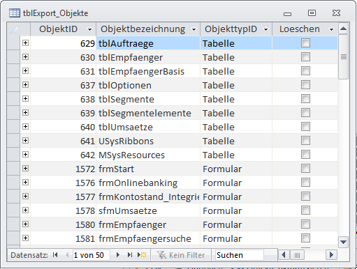 In der Tabelle tblExport_Objekte gespeicherte Objekte