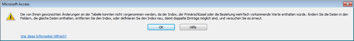 Fehlermeldung beim Versuch, einen eindeutigen Index für ein Feld mit nicht eindeutigen Daten anzulegen