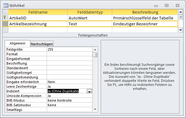 Tabelle mit eindeutig indiziertem Feld