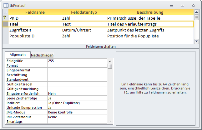 Diese Tabelle speichert den Verlauf der zuletzt aufgerufenen Kunden.