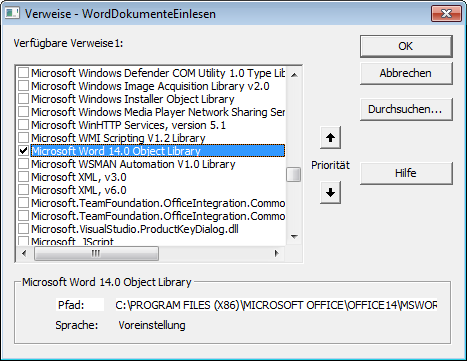 Einfügen eines Verweises auf die Word-Bibliothek