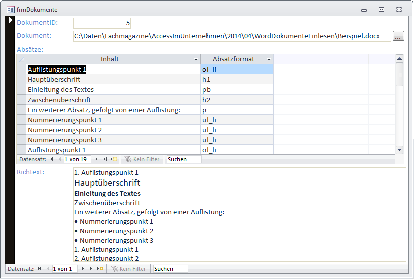 Darstellung eines Dokuments mit den einzelnen Absätzen und mit dem resultierenden Richtext-Dokument