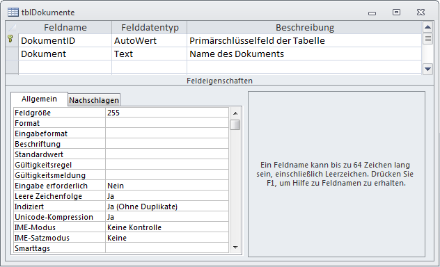 Tabelle zum Speichern der Dokumentnamen