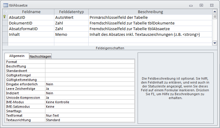 Tabelle zum Speichern der Absätze eines Dokuments