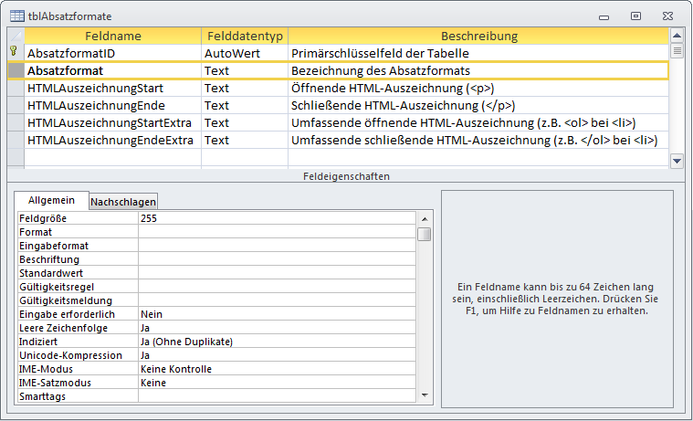 Tabelle zum Speichern der Absatzformate eines Dokuments