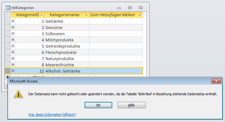 Meldung beim Versuch, einen verknüpften Datensatz aus einer Lookup-Tabelle zu löschen