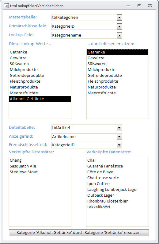 Formular zum Zusammenführen von Lookup-Werten samt Anpassung verknüpfter Datensätze