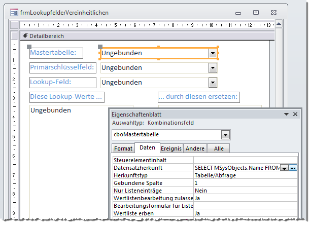 Ausstatten des Kombinationsfeldes mit einer Datensatzherkunft