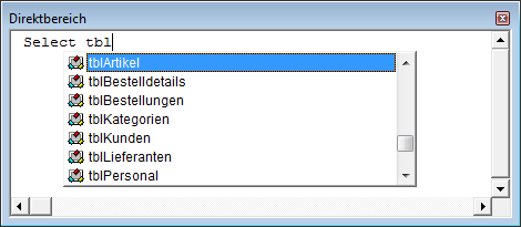 Auswahl der Tabelle per IntelliSense ...