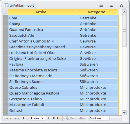 Einfügen der Daten in die übergangstabelle der Access-Datenbank