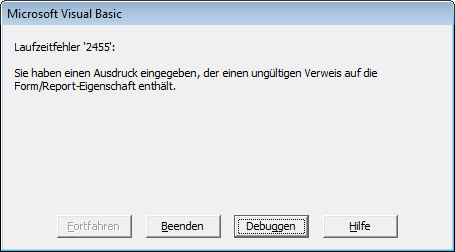 Fehlermeldung beim Öffnen des Formulars