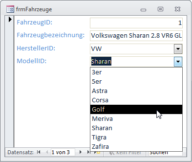 Auch das Kombinationsfeld zeigt ungefiltert alle Datensätze an.