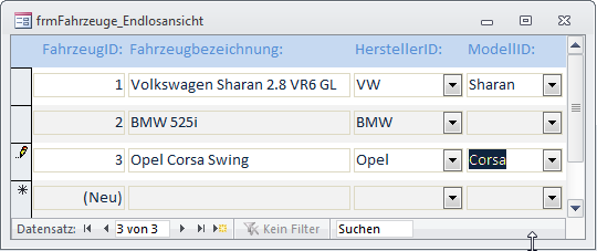 Anzeige abhängiger Datensätze in der Endlosansicht