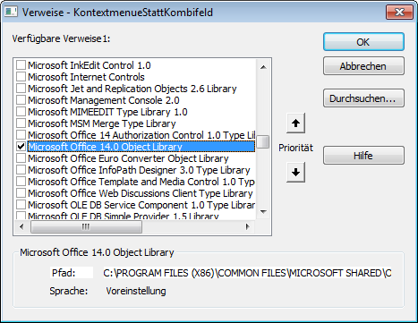 Hinzufügen eines Verweises auf die Office-Bibliothek