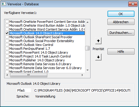 Verweis auf die Outlook-Objektbibliothek