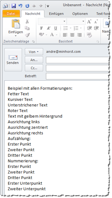 Erster Versuch: Einfügen per Copy & Paste – gescheitert, da die Mail im Textformat erstellt wurde