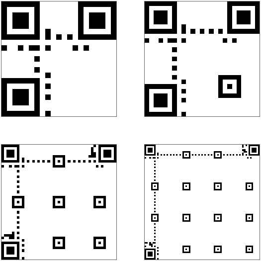 Die Elemente des QR-Codes ohne die eigentlichen Daten für verschiedene Versionen beziehungsweise Kantenlängen