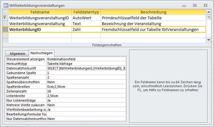 Entwurf der Tabelle tblWeiterbildungsveranstaltungen