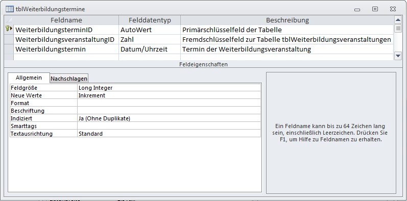 Entwurf der Tabelle tblWeiterbildungstermine