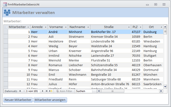 Das Formular zur Anzeige der Mitarbeiterübersicht
