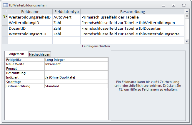 Tabelle zur Zusammenfassung mehrerer Weiterbildungstermine zu einer Reihe