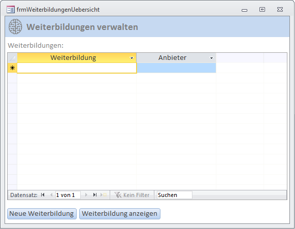 Formular zur Verwaltung der Weiterbildungen