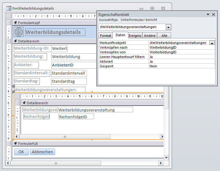 Das Formular frmWeiterbildungsdetails mit Unterformular