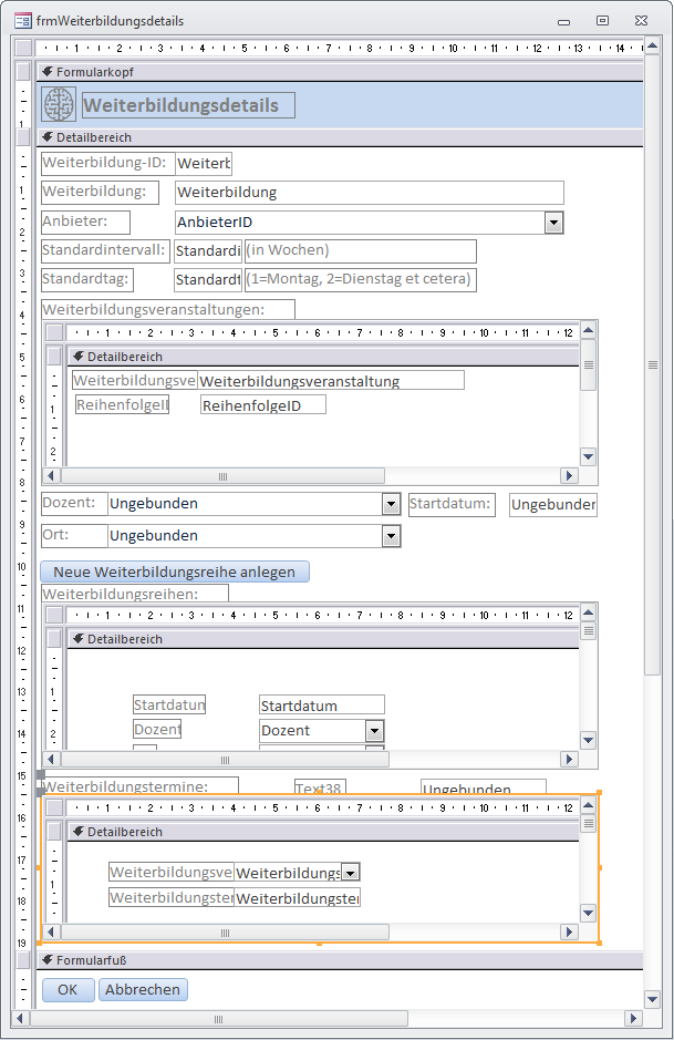 Das Formular frmWeiterbildungsdetails im Entwurf