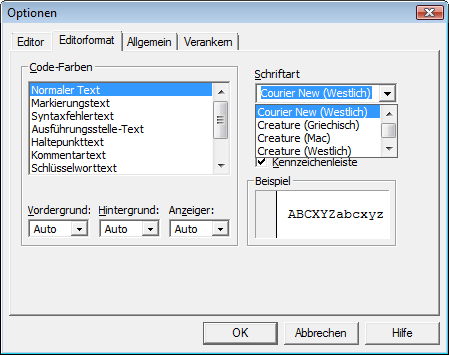 Auswahl der Schriftart für den VBA-Code im Optionen-Dialog