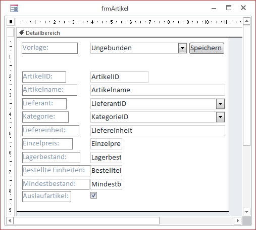 Das Beispielformular in der Entwurfsansicht