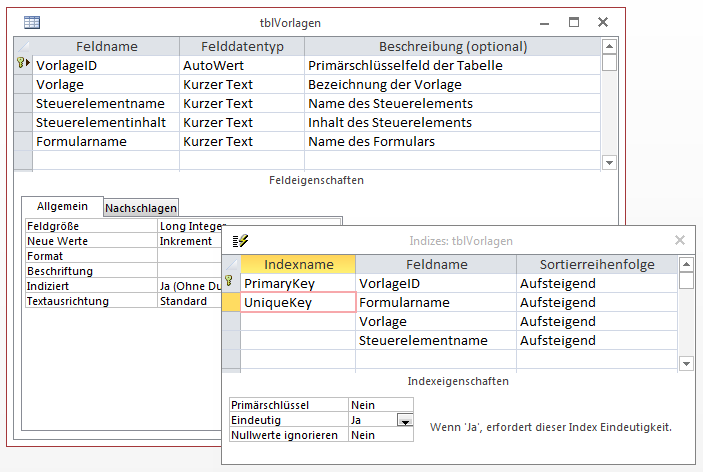 Entwurf der Tabelle tblVorlagen