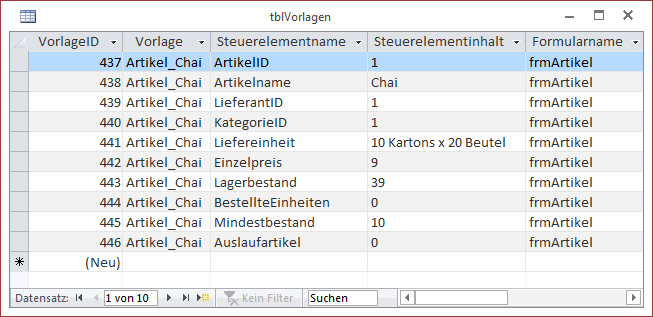 Die Tabelle tblVorlagen mit einer Beispielvorlage