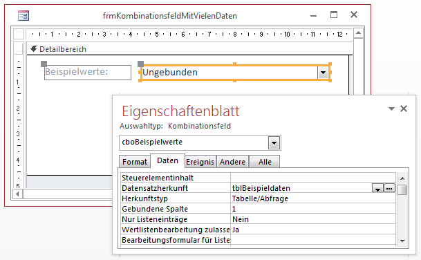 Das Kombinationsfeld zum Ausprobieren in der Entwurfsansicht