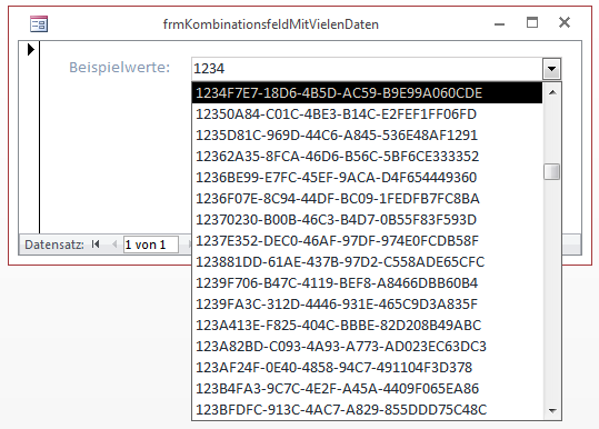 Nach Eingabe einiger Zeichen zeigt das Kombinationsfeld die Liste ab dem ersten möglichen Wert an.