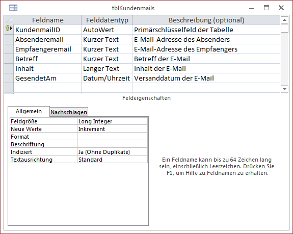 Die Tabelle tblKundenmails speichert die grundlegenden Informationen