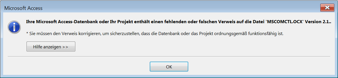 Der Verweis auf die Datei MSCOMCTL.ocx kann unter Access in der 64-Bit-Version nicht gefunden werden.