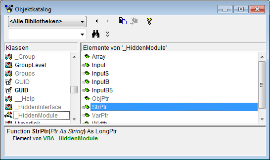 Anzeigen der Funktion StrPtr im Objektkatalog