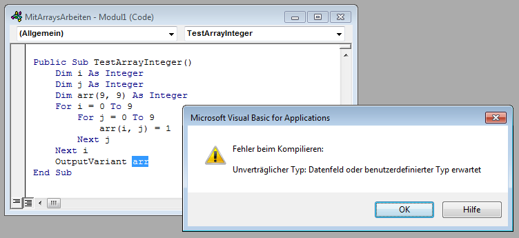 Fehler bei falschen Array-Datentyp