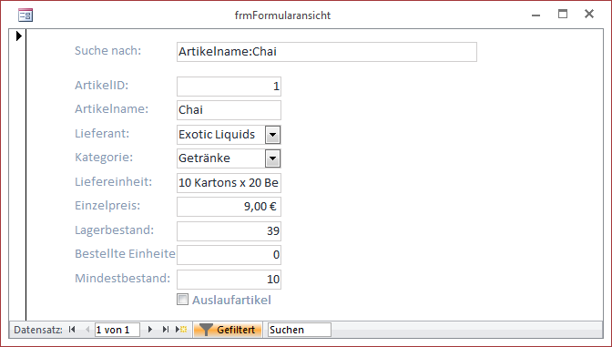 Beispiel für die Suche in einem Formular in der Formularansicht