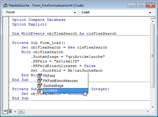 Die Eigenschaften der Klasse clsFlexSearch werden per IntelliSense bereitgestellt.