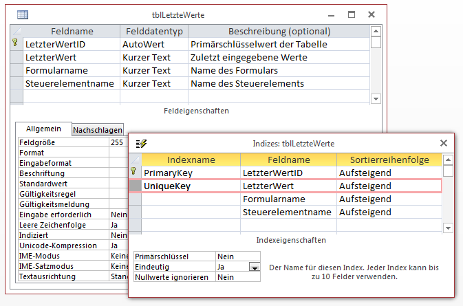 Erster Entwurf der Tabelle zum Speichern der zuletzt verwendeten Werte