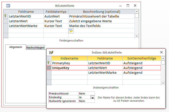 Zweiter Entwurf der Tabelle zum Speichern der zuletzt verwendeten Werte