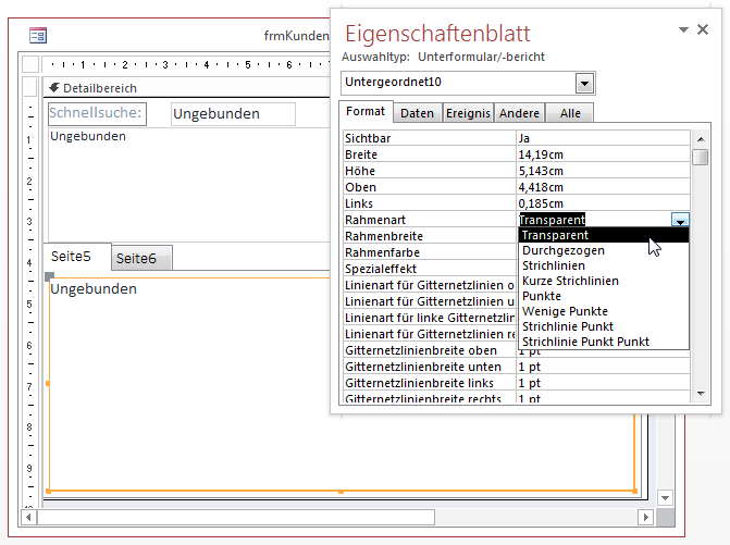 Der Rahmen des Unterformulars soll transparent erscheinen.