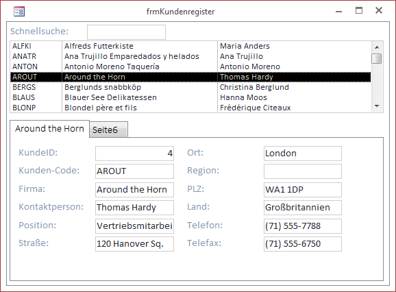 Anzeige des soeben doppelt angeklickten Kunden-Datensatzes