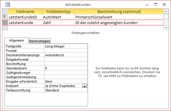 Tabelle zum Speichern der zuletzt angezeigten Kunden