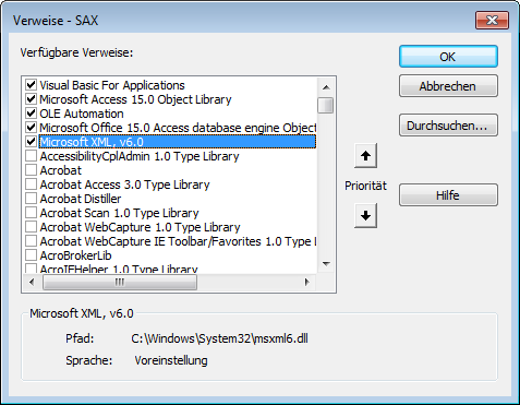 Setzen eines Verweises auf die Bibliothek Microsoft XML, v6.0