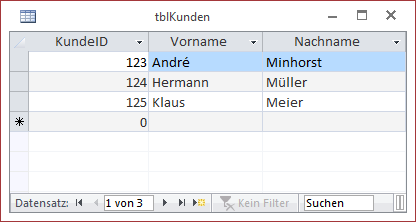 Die Tabelle tblKunden mit einigen Beispieldaten