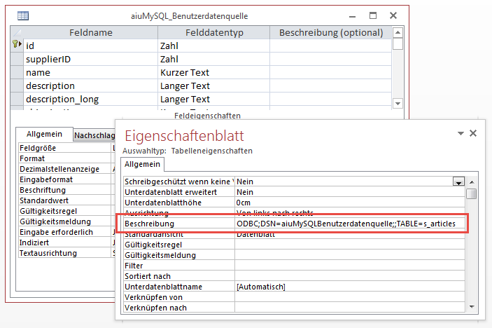 Verknüpfungseigenschaften in den Eigenschaften des Tabellenentwurfs