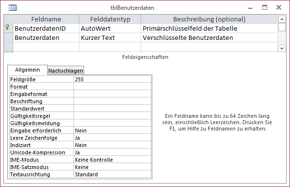 Tabelle zum Speichern der Benutzerdaten in der Entwurfsansicht